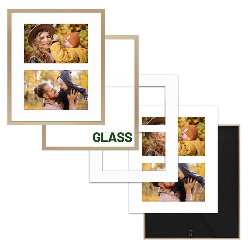 Frametory - 8x10 Aluminum Collage Picture Frame - Display 4x6 Pictures with 2 Openings Mat - Real Glass Front - with Easel Stand for Horizontal/Vertical Wall Mount - Gold 1 Pack - Image 5